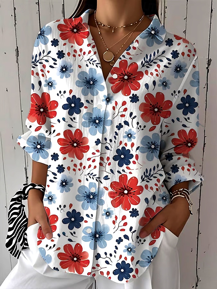 Womens Hemd Leinenähnlich Atmungsaktiv Leicht Button-Down Tunika Hemdkragen Lange Ärmel Blumengrafik Vintage Tropical Täglich Reguläre Tops Arbeit Täglicher Feiertagsdruck Rot Blau Grün Frühling 2026 - $36.99 –P1