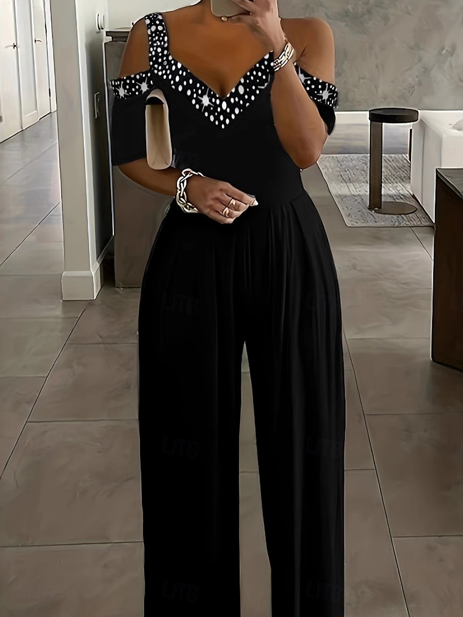 Women's Normal Jumpsuit Elegant Geometric Short Sleeve Wide Leg V Neck Patchwork High Waist Party Work Regular Fit Black Wine Blue Summer 2026 - $28.99 –P1