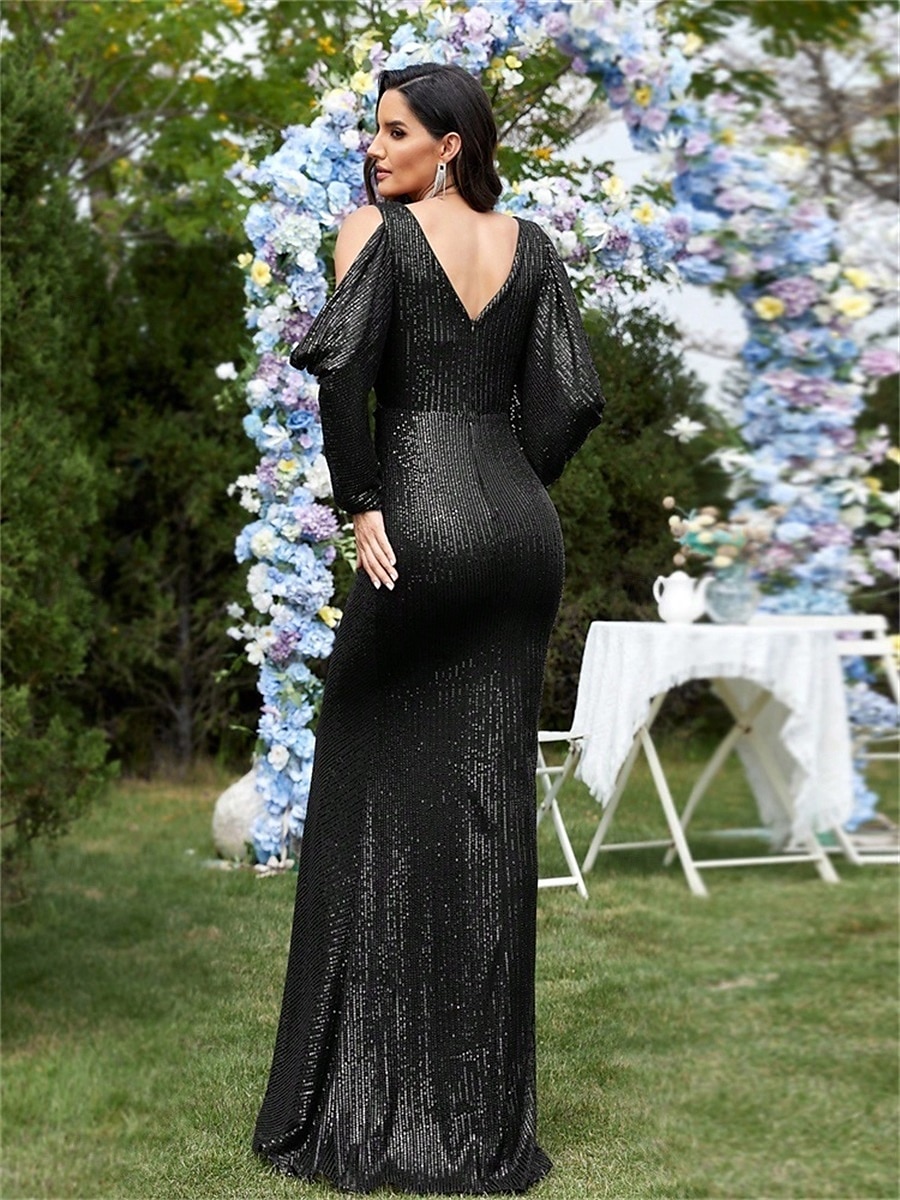 Mermaid / Trumpet Quinceanera Dresses Elegant Dress Formal Wedding Floor Length Long Sleeve V Neck Polyester V Back with Sequin 2025 - $99.99 –P8