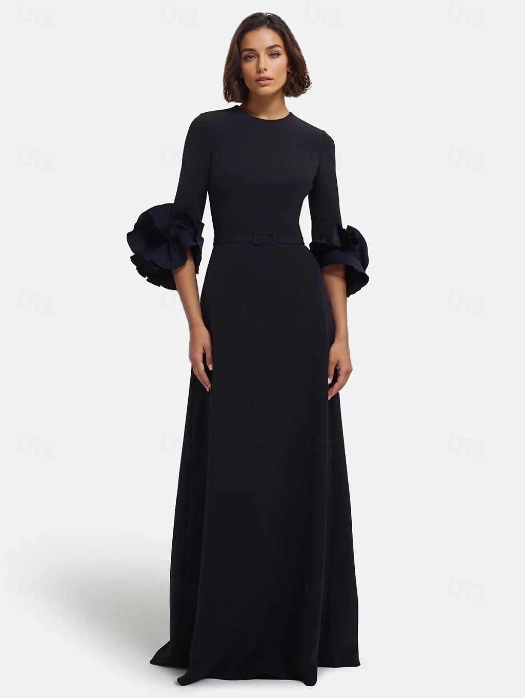 Abito da sera nero a trapezio, elegante, formale, da sposa, lungo fino al pavimento, manica lunga, scollo rotondo, in crêpe elasticizzata con pieghe, 2025 del 2025 a $139.99 –P1