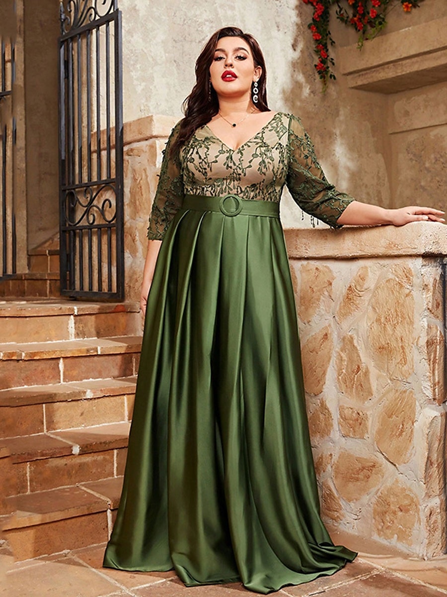 Abito da sera A-Line elegante abito formale da matrimonio lungo fino al pavimento maniche a 3/4 scollo a V satinato schiena a V con pieghe del 2025 a $129.99 –P7