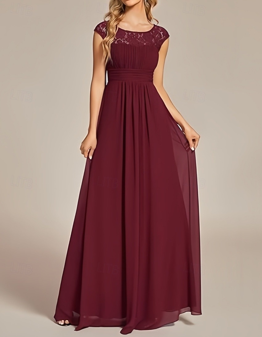 Abito da matrimonio A-Line per invitati Abito elegante per invitati al matrimonio Abito lungo senza maniche con scollo a girocollo in chiffon con pieghe arricciate del 2025 a $156.99 –P1