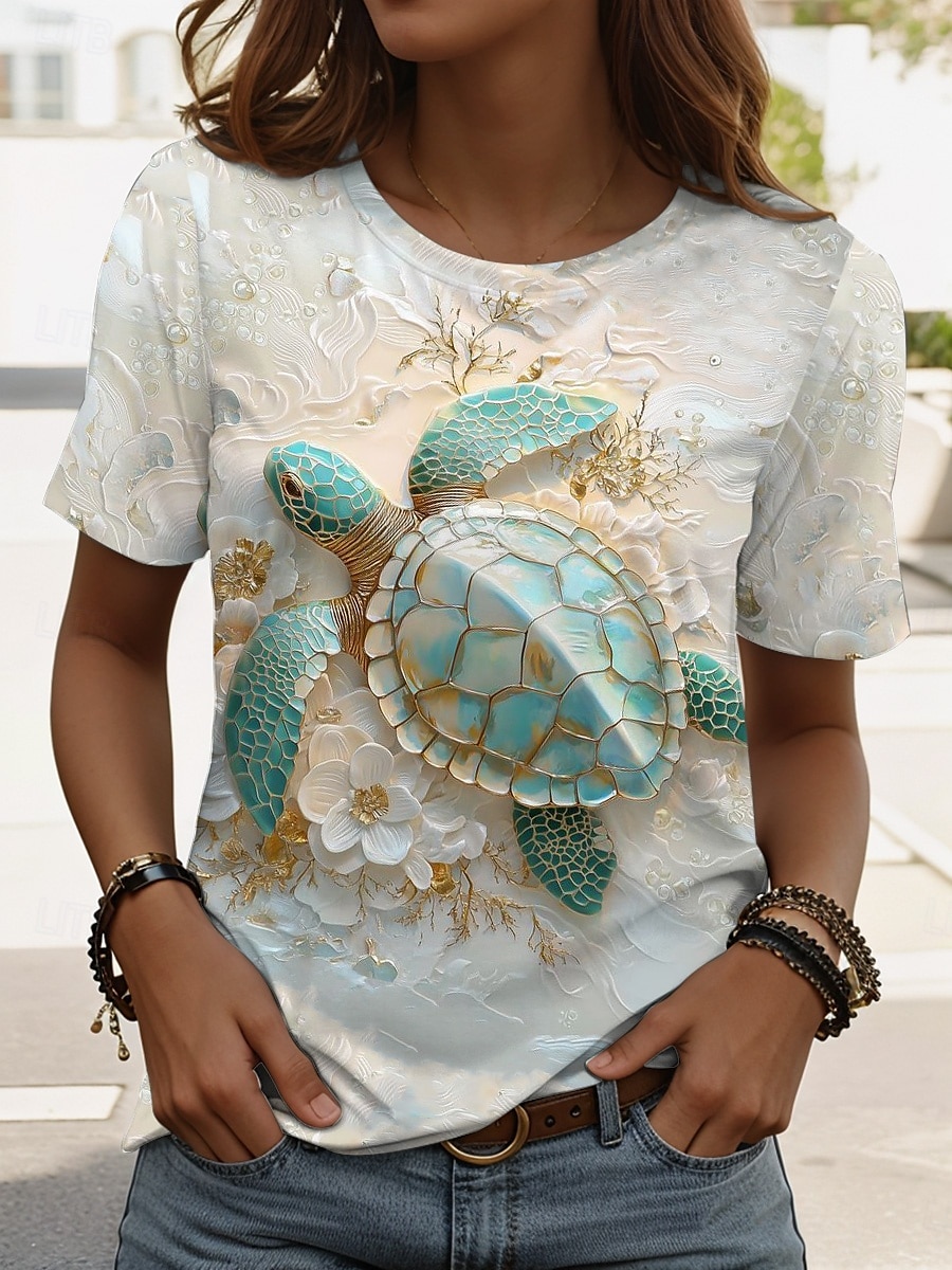 Femmes T-shirt Graphique Animal Tortue de mer ancien Élégant Classique Manche Courte Col ras du cou Col rond Hauts Réguliers Quotidien Week-end Imprimé Blanche Bleu Roi Bleu Vert Blanc Ecru Ét de 2025 ? €17.95 –P4