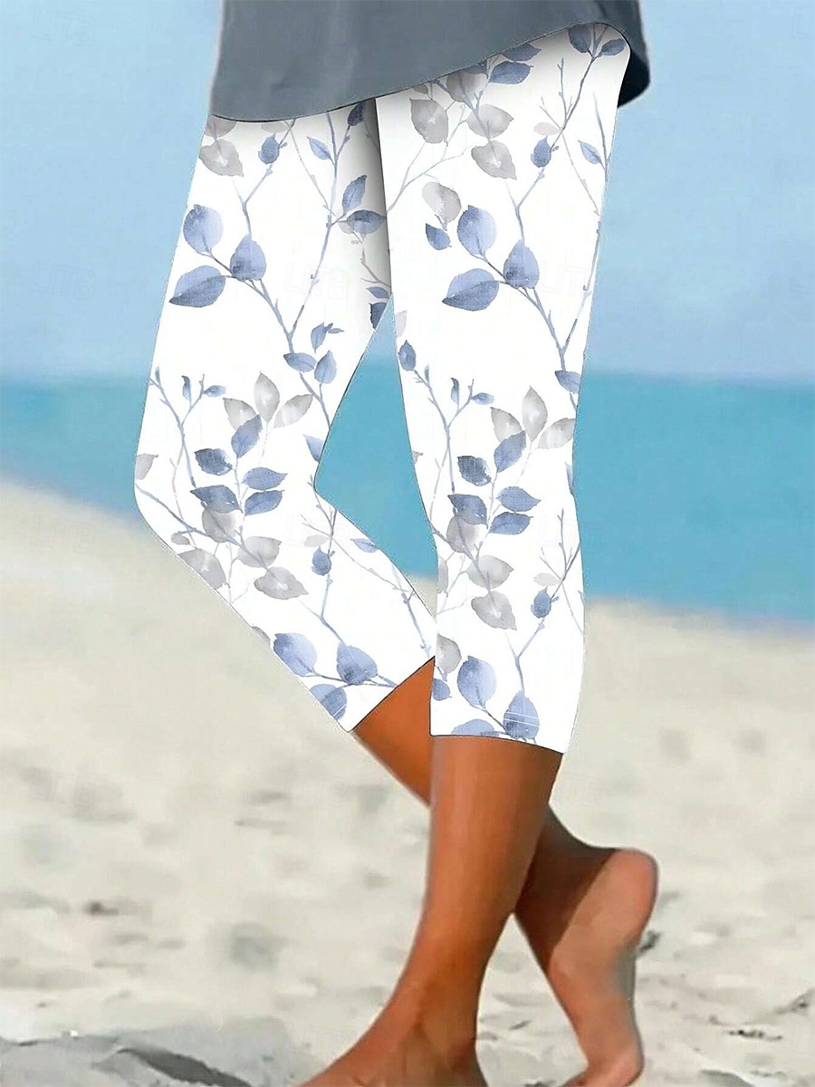 Women's Leggings Vacation Vintage Basic Calf-Length High Waist Graphic Leaf Breathable Quick Dry Soft Stretchy Casual Daily Holiday Robin's Egg Blue Yellow Red Green Summer Spring Slim Fit 2025 - $18.99 –P3