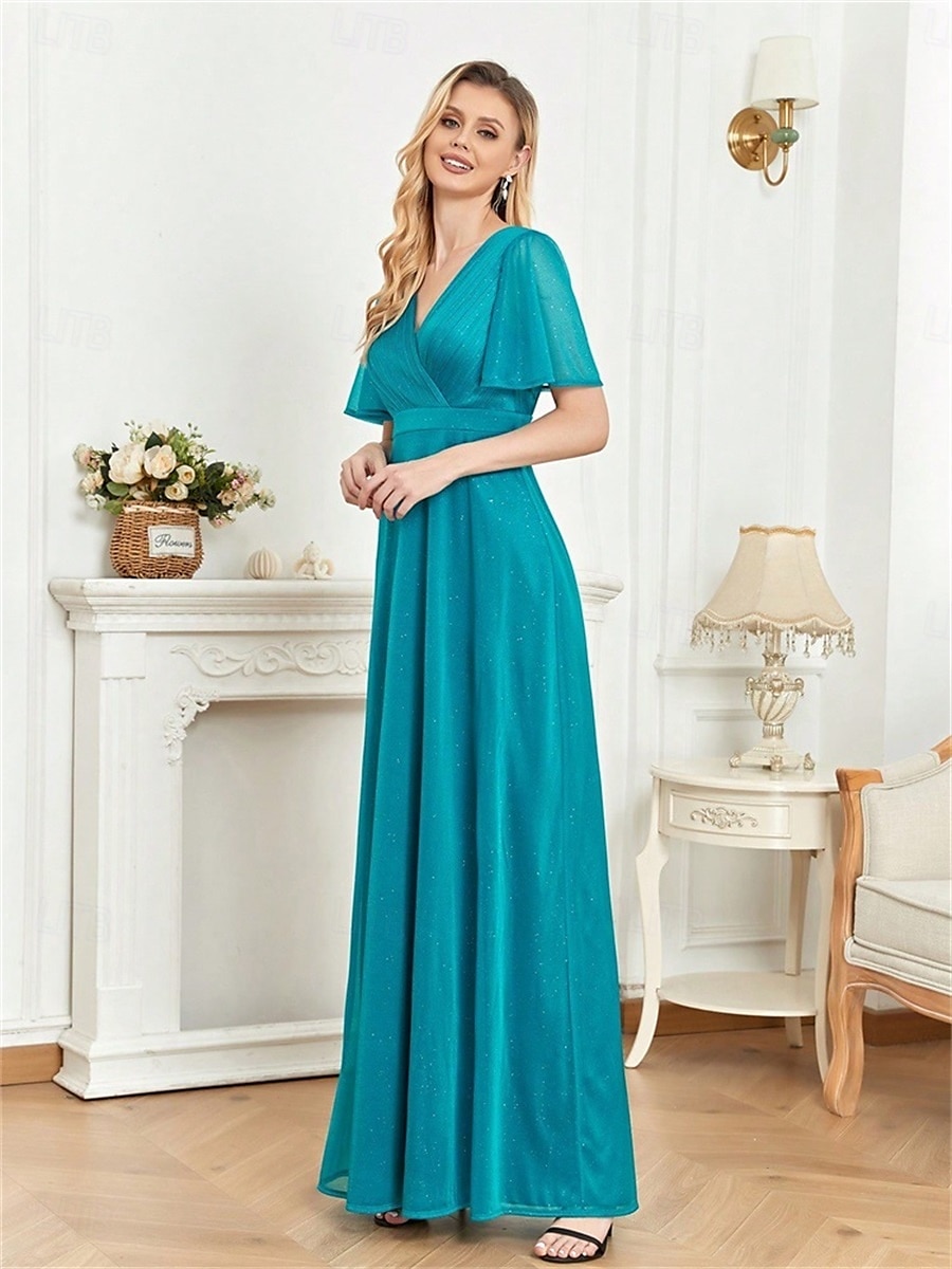 A-Linjainen Quinceanera-mekko Elegantti Mekko Viralliset Häät Lattiapituus Lyhythihainen V-aukko Šifoni Pleidillä 2025 - $89.99 –P4