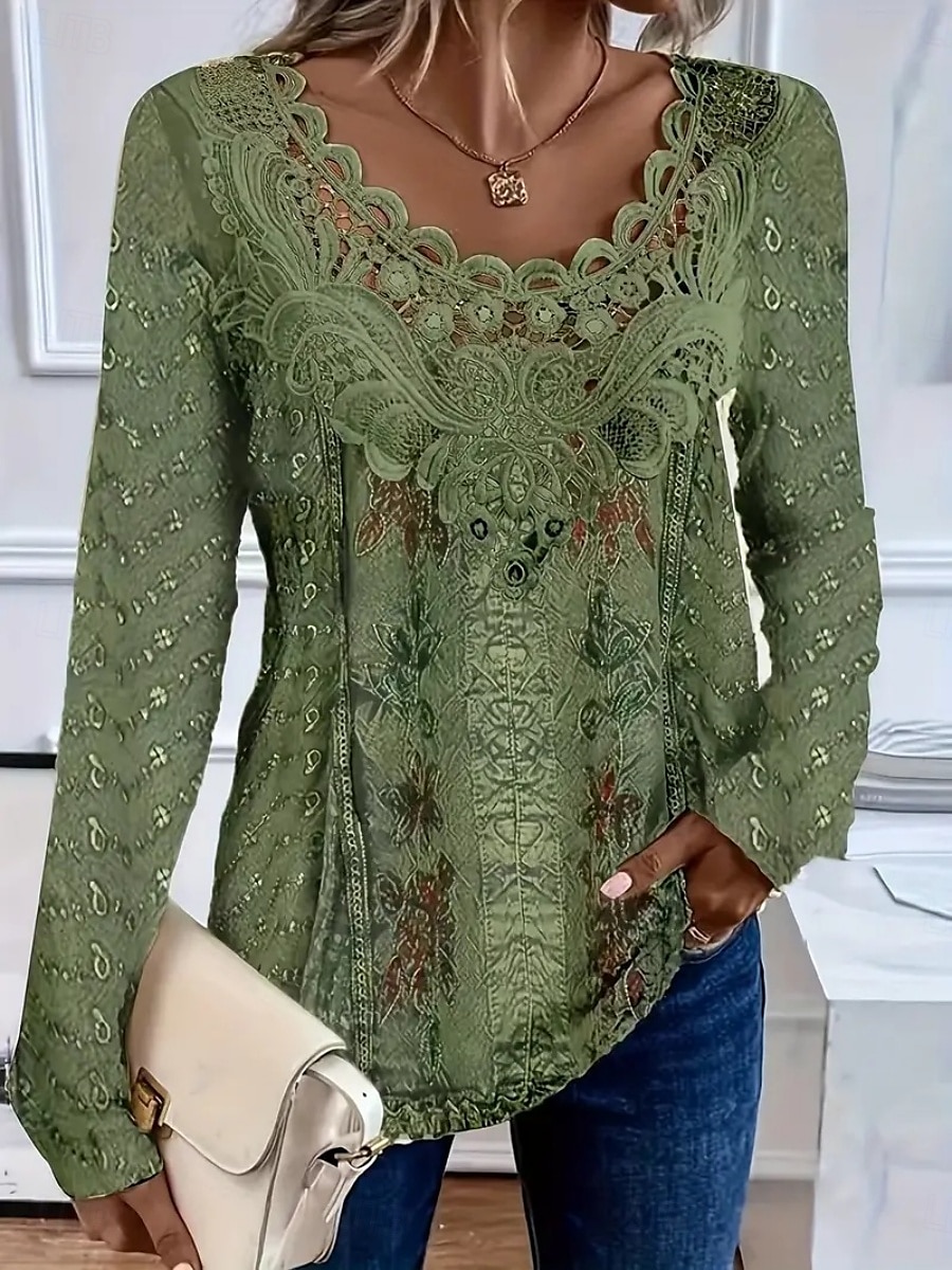 Top femme en dentelle splicing floral vintage basique décontracté à manches longues col en V hauts réguliers imprimé quotidien patchwork dentelle vert printemps préautomne de 2025 ? $10.99 –P1