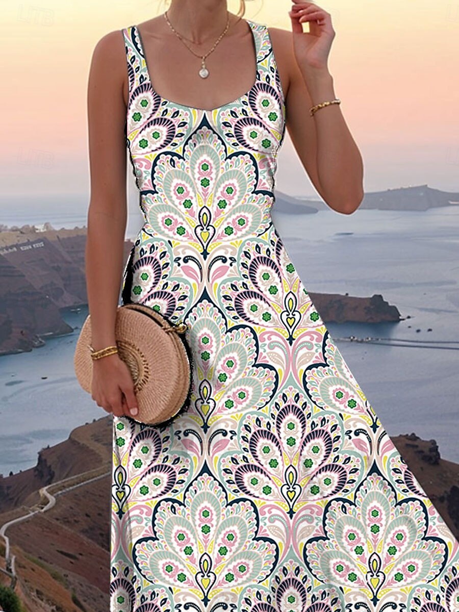 Damen Maxikleid A Linie Kleid Schulterfreies Kleid Urlaub Lässig Strand Party Normale Passform Blumen Grafik Paisley-Muster Ärmellos Quadrathals Grün Sommer Frühling 2025 - $27.99 –P2