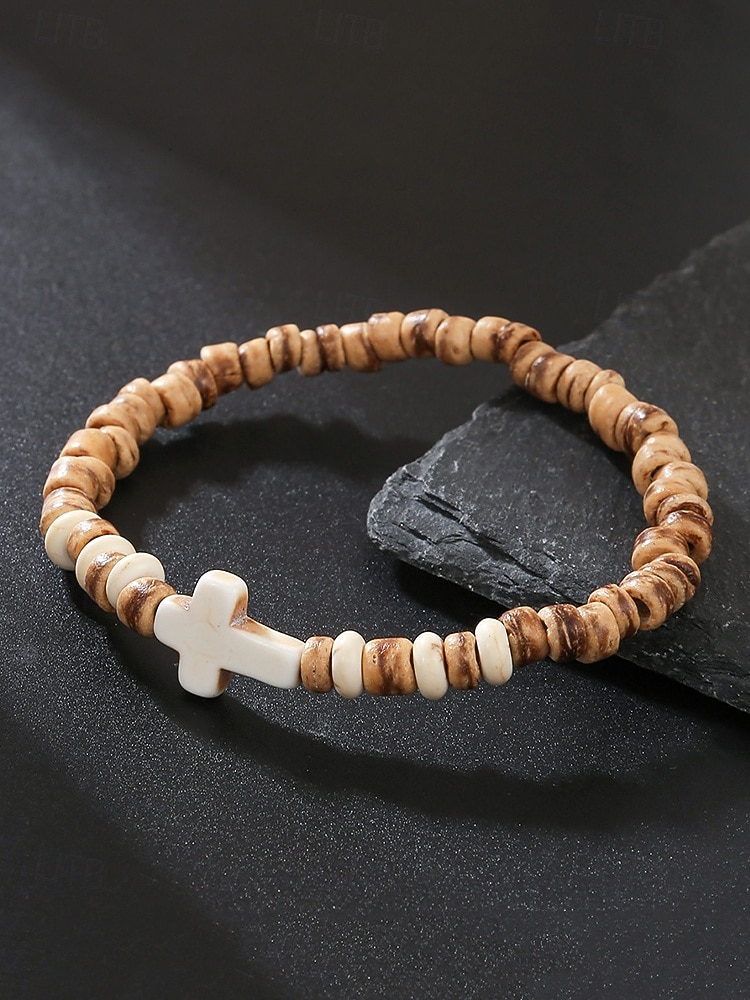 Férfi természetes fa gyöngyös karkötő türkiz kereszttel – kézzel készített bohém rugalmas csuklópánt hétköznapi viseletre, nyári szettekhez és strandhangulathoz 2025 - $9.99 –P4