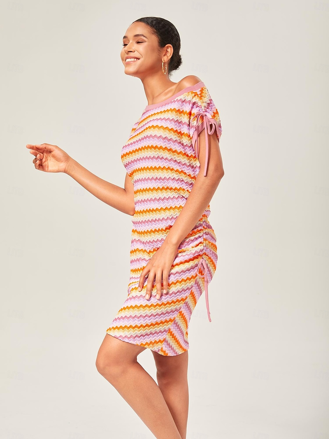 miniabito arancione elasticizzato in maglia arricciata del 2025 a $68.99 –P2