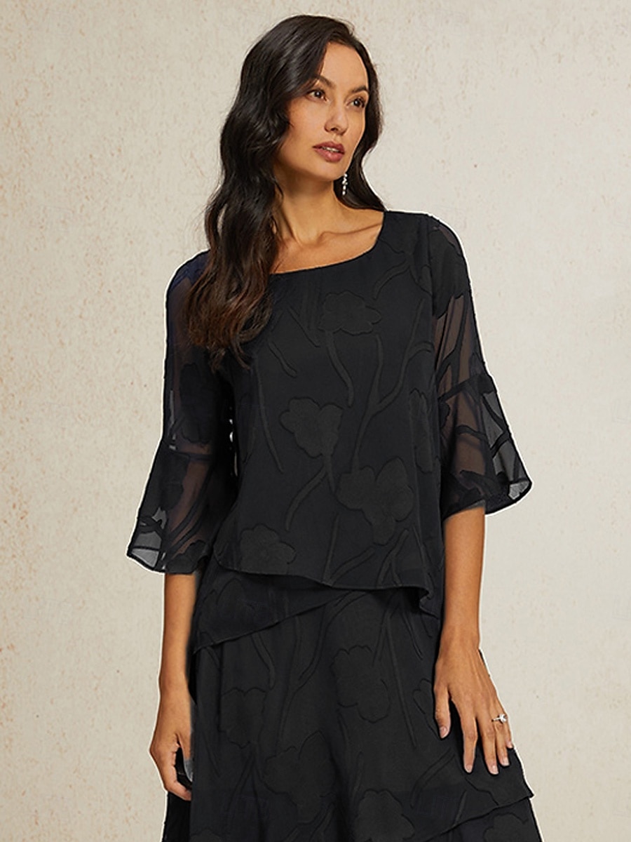 Damen Spitzenbluse Bluse Elegante Oberteile Chiffon Tops Einfarbig Blumen Elegant Stilvoll Basic Dreiviertelarm Glockenärmel U-Boot-Ausschnitt Normale Oberteile Hochzeitsgast Arbeit Täglich 2025 - $59.99 –P1