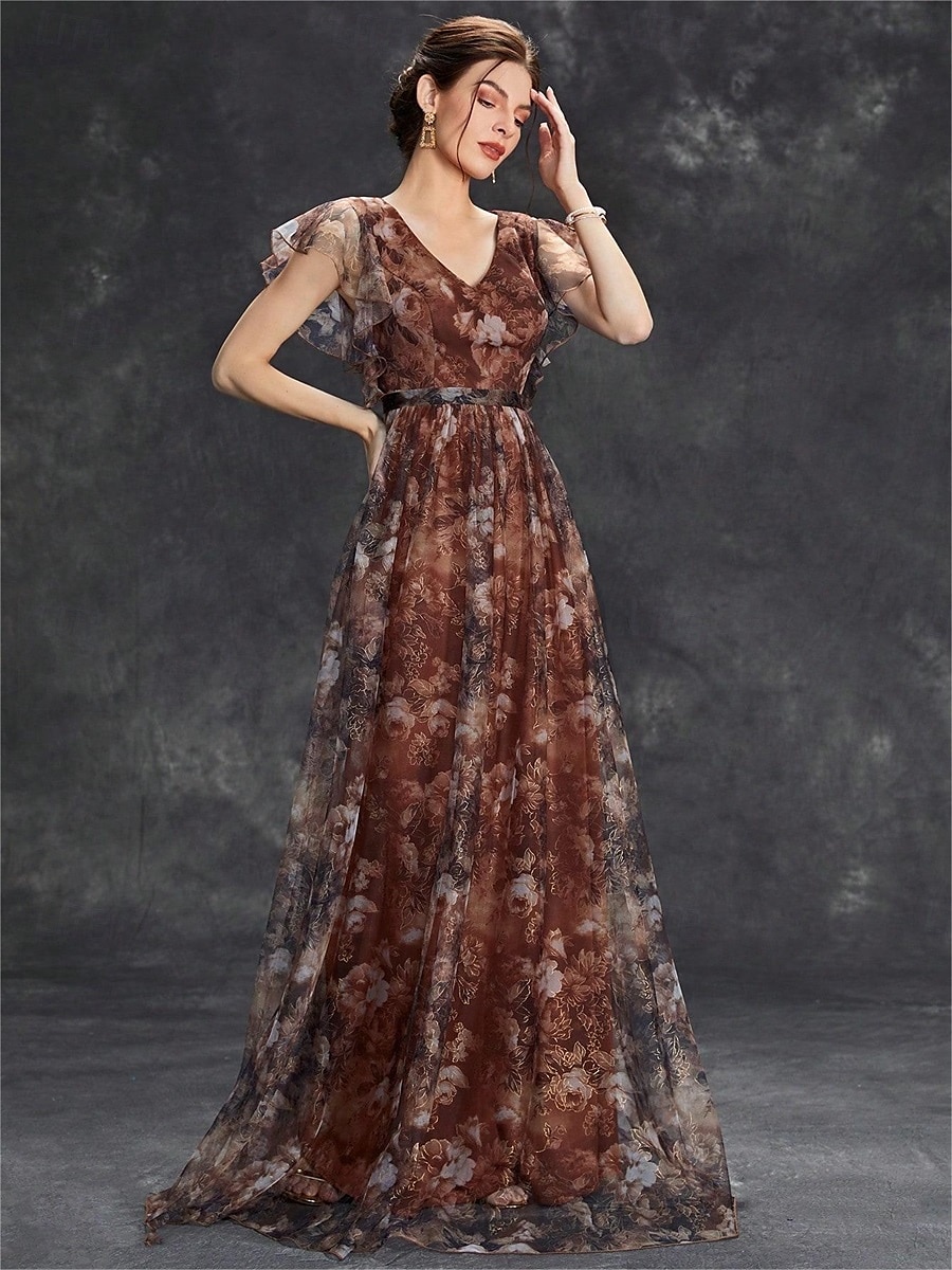 Abiti Quinceanera A-Line abito elegante formale lungo senza maniche scollatura a V in chiffon con stampa floreale del 2025 a $79.99 –P26