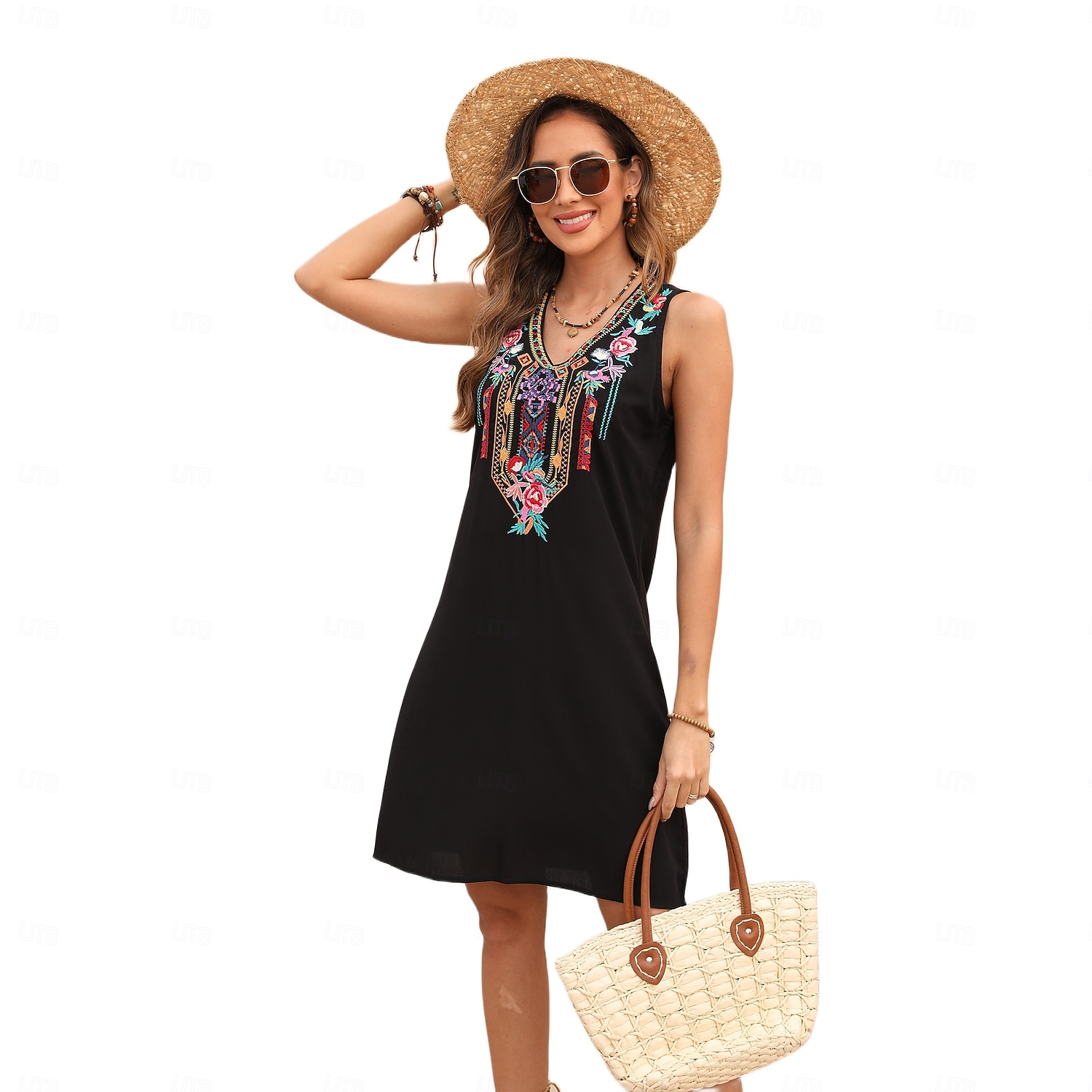 Pentru femei Rochie Mini Rochie casual Modă Modern Rochie eleganta Beretă Nuntă Zilnic Dată Fit regulat Floral Broderie Fără manșon În V Negru Vară 2025 - $27.99 –P5