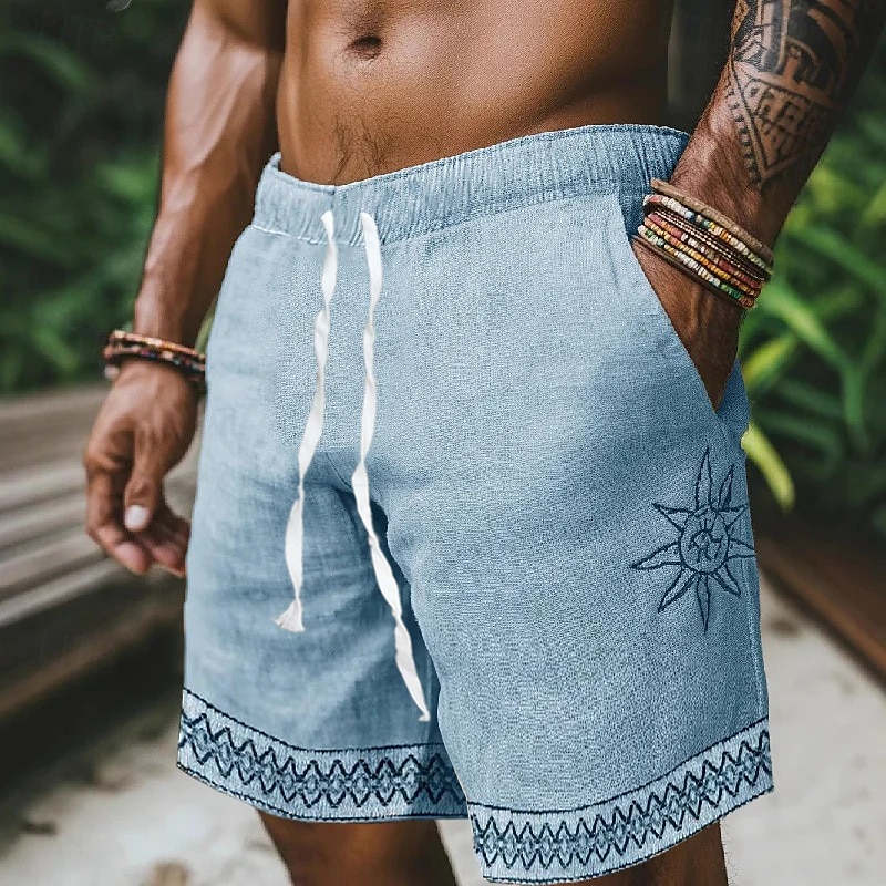 Herr Shorts Linne Shorts Sommarshorts Beach Shorts Lappverk Elastisk midja Slät Komfort Andningsfunktion Kort Utomhus Dagligen Strand Semester Mode Himmelsblå Grön 2025 - $21.99 –P3