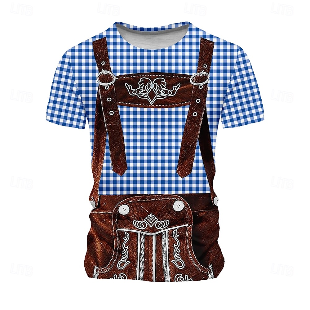 Oktoberfest Voor heren Ruitjes Duitsland dirndls T-shirt Korte mouw T-shirt 3D-afdrukken Strakke ronde hals Overhemd Vakantie overdreven Ontwerper Carnaval Feest Licht Blauw Blauw 1# Blozend Roze 2025 - $15.99 –P1