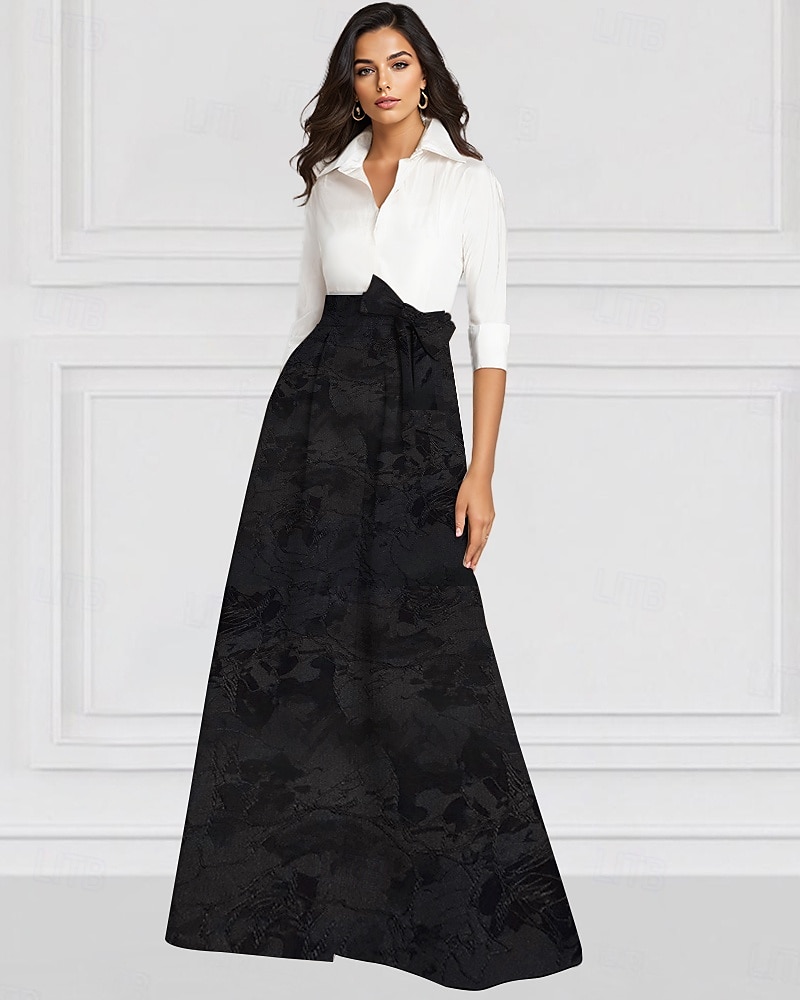 Grün Schwarz und Weiß A-Linie Brautmutter Kleid Elegantes Vintage Hemdkragen Bodenlang Stretchstoff Langarm mit 2025 - $139.99 –P4