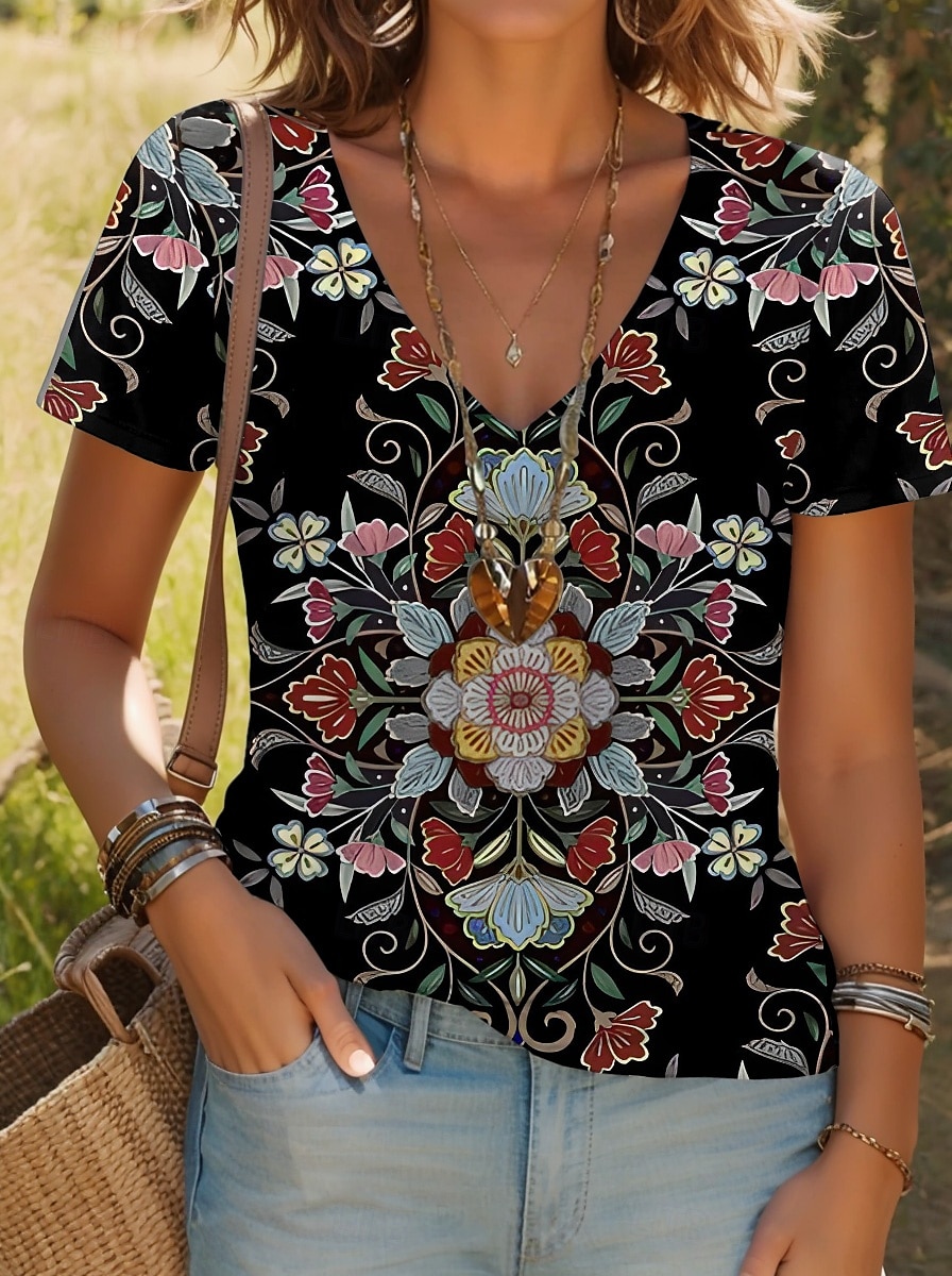 Pentru femei Tricou Floral Grafic Imprimeu Paisley Epocă Stilat Clasic Manșon scurt În V Topuri obișnuite Zilnic Imprimeu Negru Galben Roz Îmbujorat Roșu-aprins Mov Vară Primăvară 2025 - $19.99 –P3