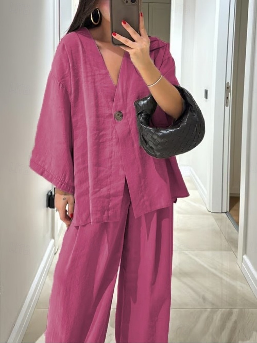 Femmes Quotidien Basique Ensembles de Pantalons manche longue Col en V Uni Occasionnel Quotidien Noir bleu marine Fuchsia Été énorme de 2025 ? $32.99 –P3