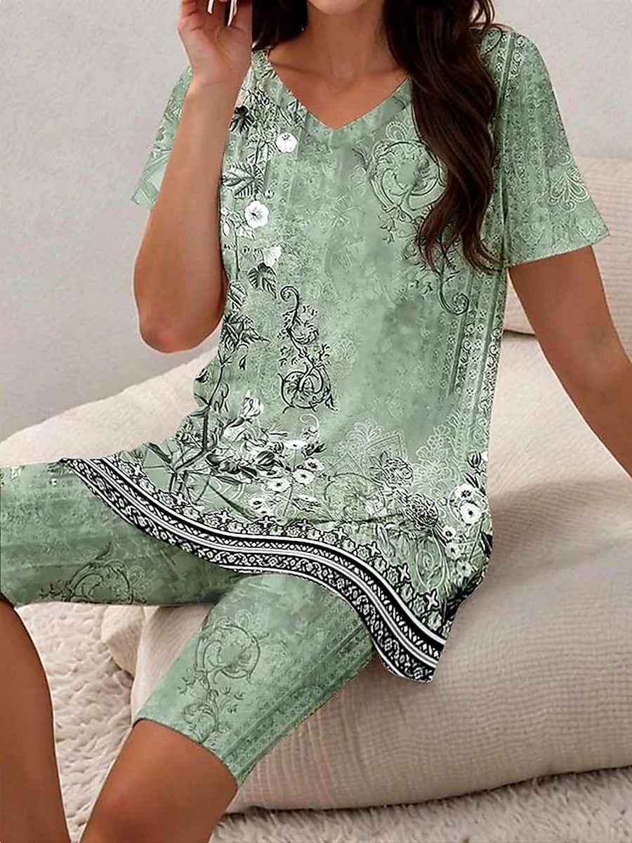Pentru femei Vacanță Epocă Modă Tricou Seturi de pantaloni scurți Manșon scurt În V Floral Grafic Imprimeu Casul / Zilnic Verde Deschis Mov Strugure Albastru Marin Închis Vară Fit regulat 2025 - $29.99 –P2