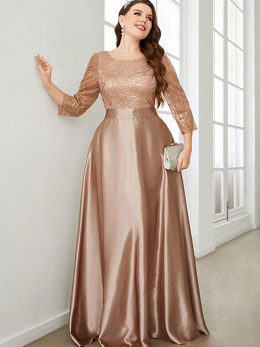 A-Line Evening Gown Elegant Dress Formal Wedding Floor Length 3/4 Length Sleeve Crew Neck Satin with Pleats 2025 - $129.99 –P1