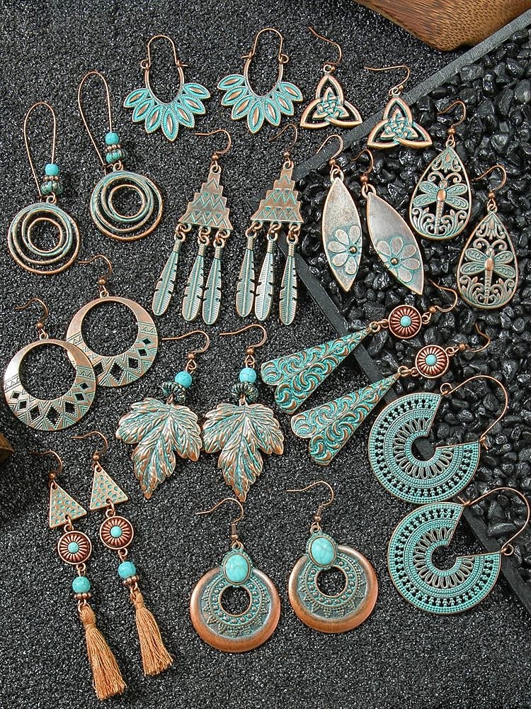 Dámské visací náušnice v boho stylu s tyrkysovou povrchovou úpravou - lehké visací náušnice ve vintage kmenovém stylu s povrchovou úpravou v antickém bronzu pro neformální vánoční výpravy a dárky 2025 - $11.99 –P11