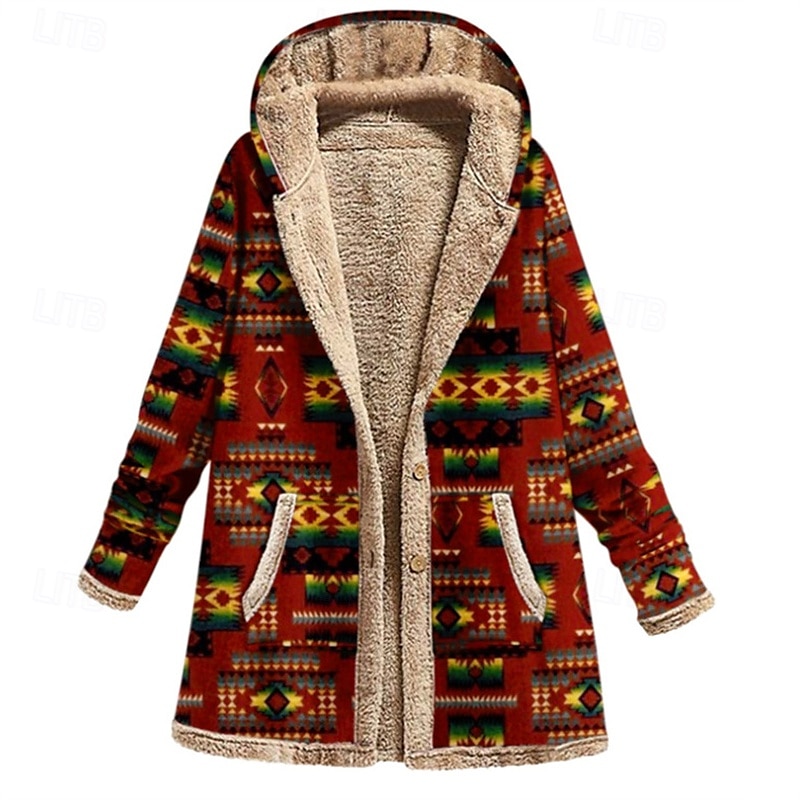 Dame Fleece-jakke Frakk Hettegenser Hold Varm Bekvem Glidelås Lomme Mote Moderne Fritid Geometrisk Ut på byen Helg Glidelås Normal Med hette Normal Langermet Yttertøy Vin Kakifarget Vinter 2025 - $32.99 –P2