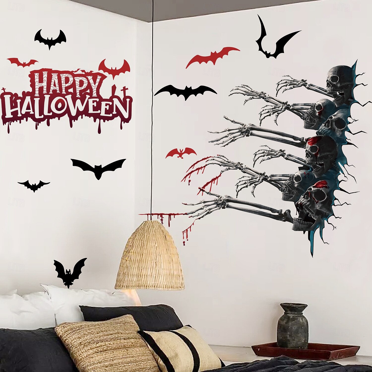 Adesivo da parete di Halloween con design spettrale di mani, teschi e pipistrelli, decorazione murale autoadesiva per soggiorno e feste di Natale del 2025 a $6.49 –P5