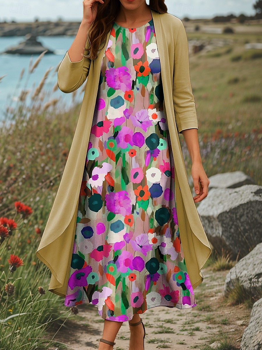 Dame Kjolesett Skiftkjole Sommerkjole Fritid Nyanse Blomstret Multi Layer Trykt mønster Midikjole 3/4 ermer Crew-hals Daglig Blå Lilla Grønn Sommer Vår Normal 2025 - $36.99 –P4