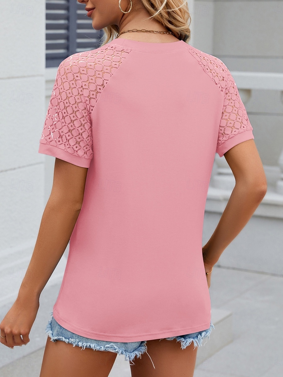 Damen T Shirt Einfach Mode Stilvoll Klassisch Kurzarm Rundhalsausschnitt Normale Oberteile Täglich Wochenende Patchwork Weiß Rosa Blau Khaki Sommer 2025 - $22.99 –P10