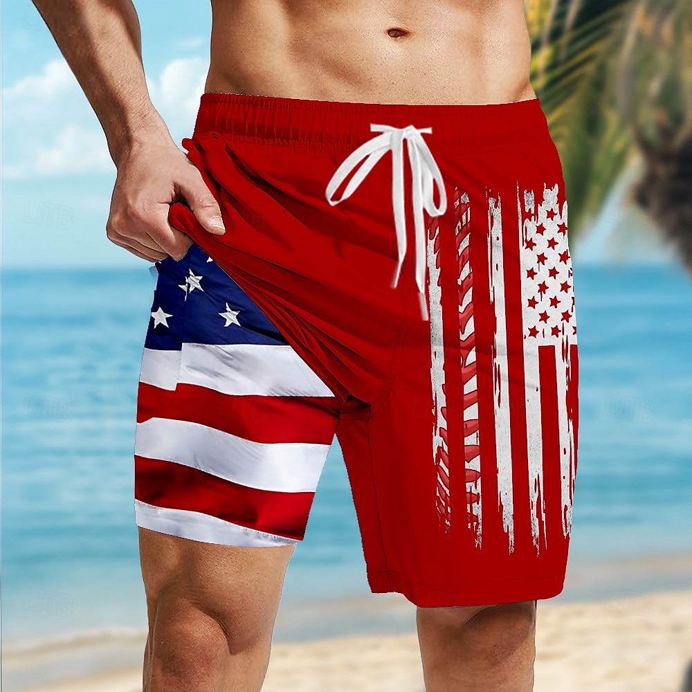 2025年 アメリカ独立記念日 男性用 愛国 米国旗 裏地付きショートパンツ 2 in 1 スイムショーツ スイムトランク ミディアムウエスト 祝日 サイドポケット コンプレッションライナー付き 伸縮性のあるドローストリングウエスト デザイナー 衣類 コレクション – $21.99 –P3