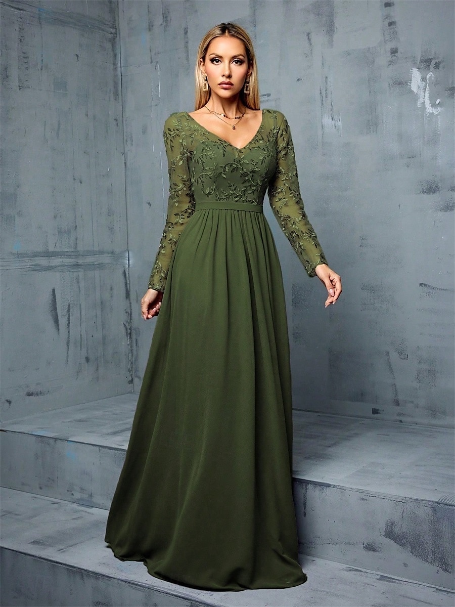 A-Lijn Quinceanera Jurken Elegante Jurk Formele Bruiloft Vloerlengte Lange Mouw V-Hals Chiffon met Plooien 2025 - $109.99 –P1