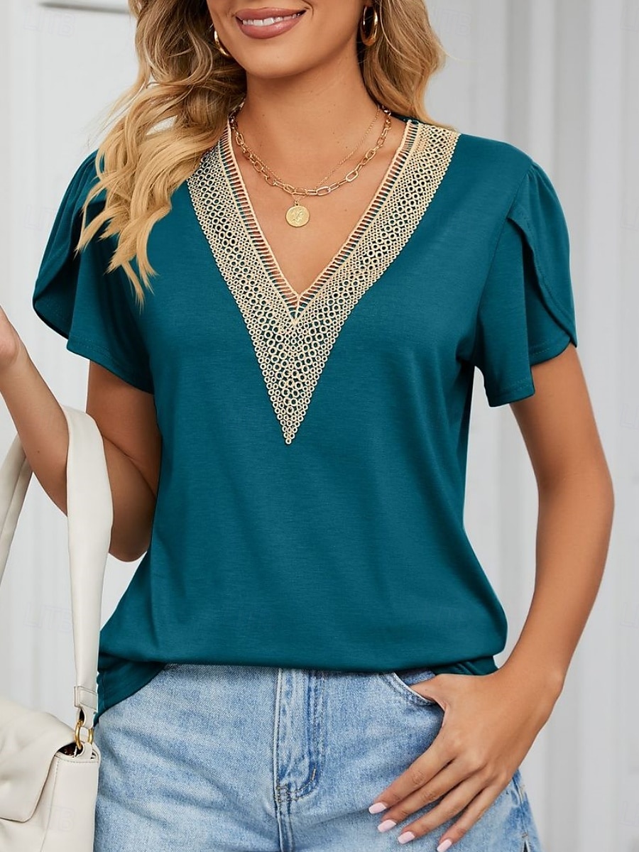 Pentru femei Tricou Simplu Modă Stilat Clasic Manșon scurt În V Topuri obișnuite Zilnic Sfârșit de săptămână Peteci Verde Deschis Albastru piscină Trifoi Gri Vară Primăvară 2025 - $17.99 –P6