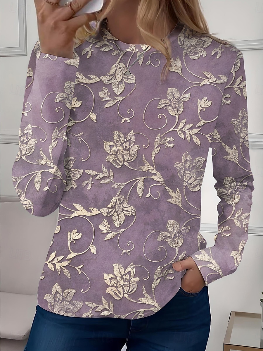 Mujer Camiseta Floral Casual Manga Larga Cuello Barco Tops regulares Diario Estampado Verde salvia Rosa Azul Piscina Azul cielo Morado Primavera Otoño 2025 - $23.99 –P3