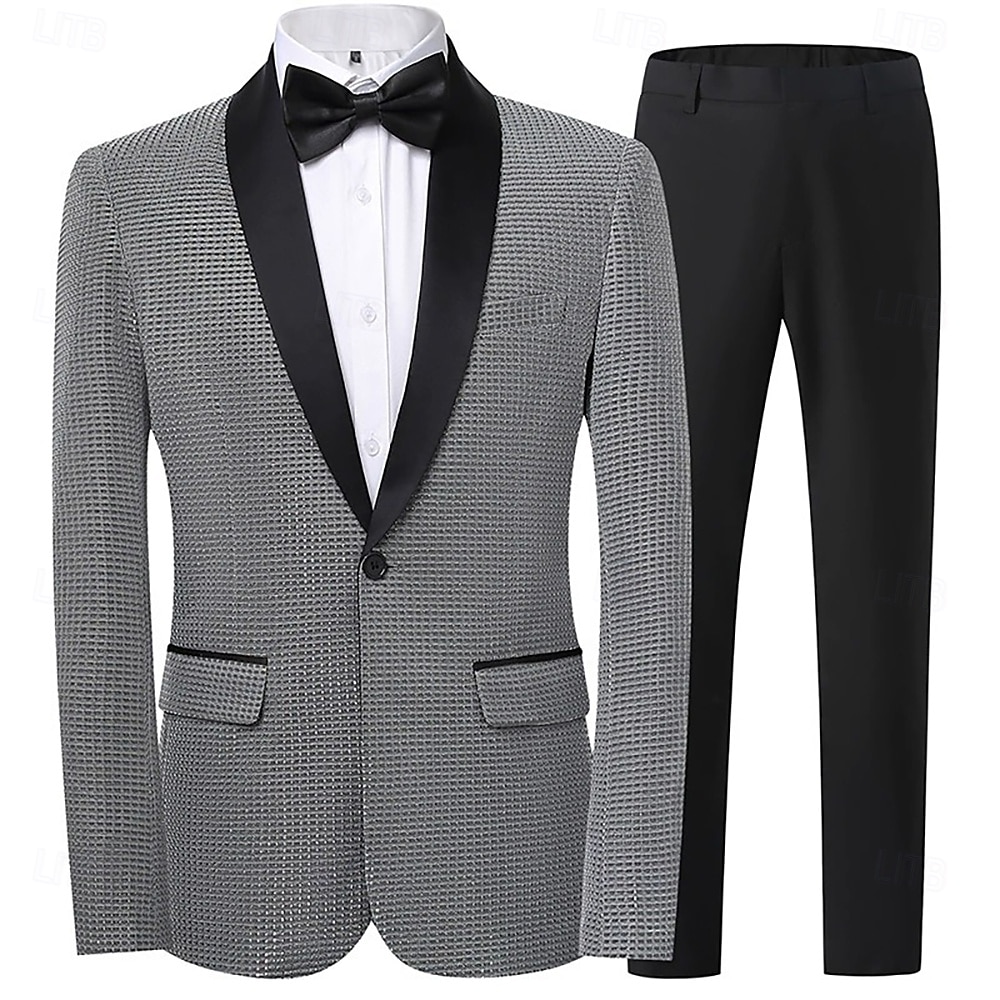 Completi da festa da uomo Smoking Completi di ritorno a casa Argento Nero Punk Disco con Papillon Vestibilità standard 2 pezzi Monopetto a un bottone del 2025 a $99.99 –P5