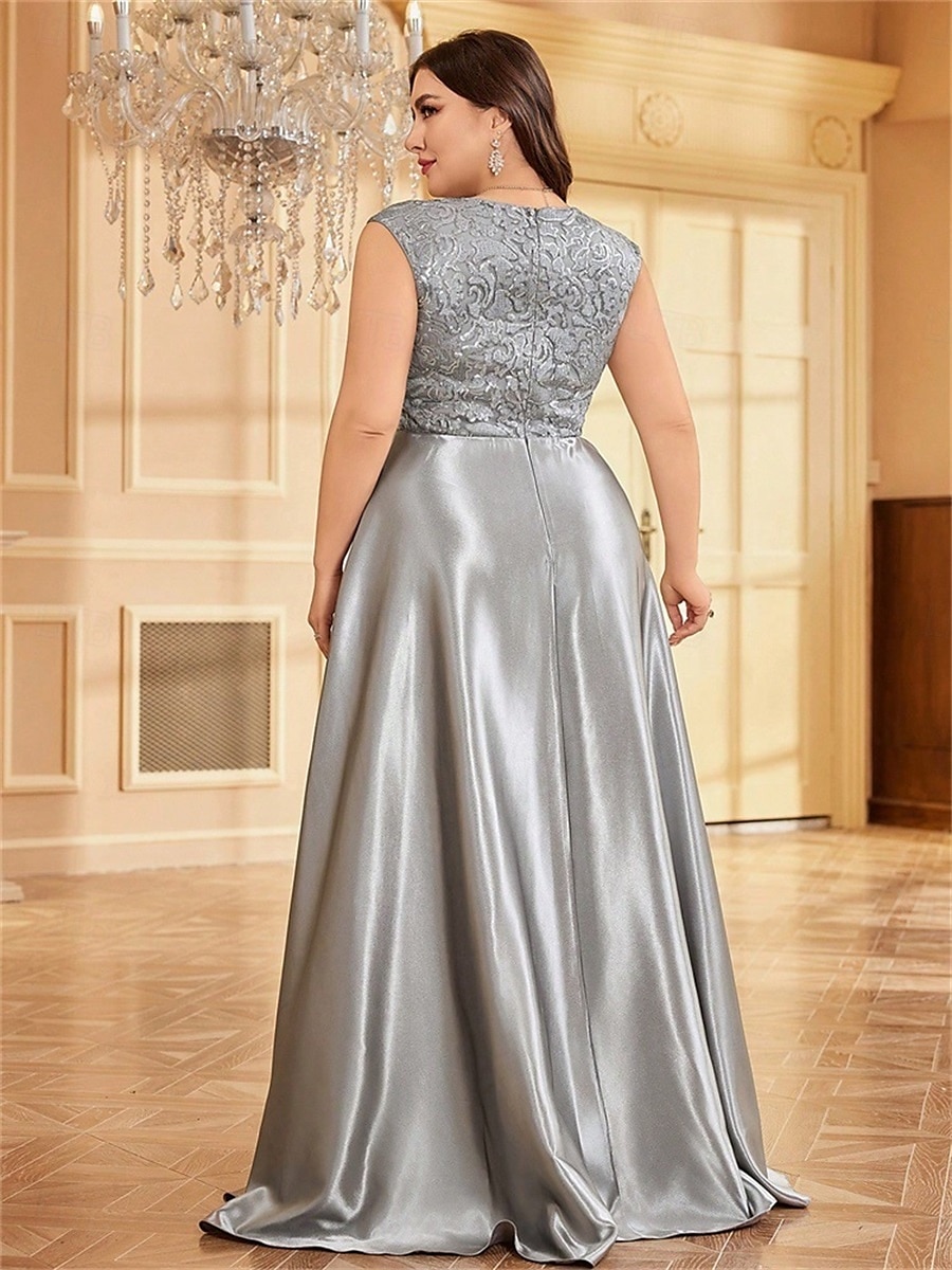 Robe A-Line Grande Taille Élégante Robe Courbe De Mariage Formelle Longue Au Sol Manches Courtes Col en V Satin Dos Nu Avec Plis 2025 de 2025 ? $119.99 –P12