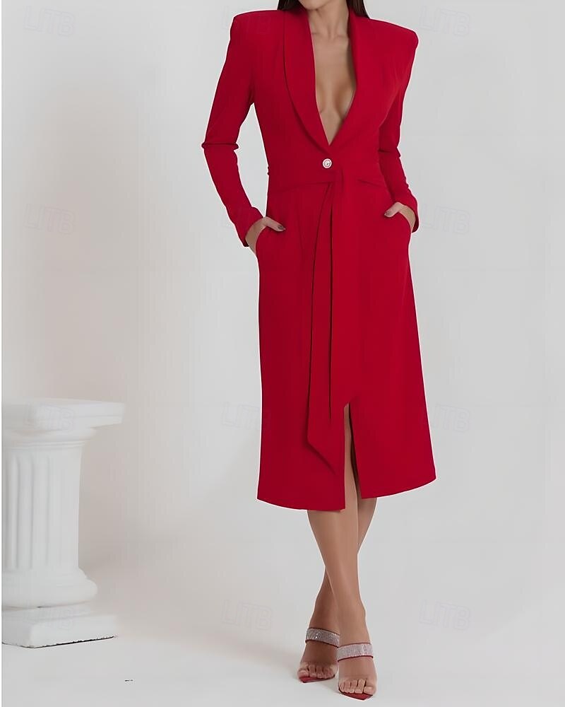 Robe trapèze pour mère de la mariée, robe smoking, élégante, portefeuille, simple, minimaliste, col en V, revers châle, longueur midi, longueur thé, crêpe, tissu extensible, manches longues, couleur de 2025 ? $120.99 –P4
