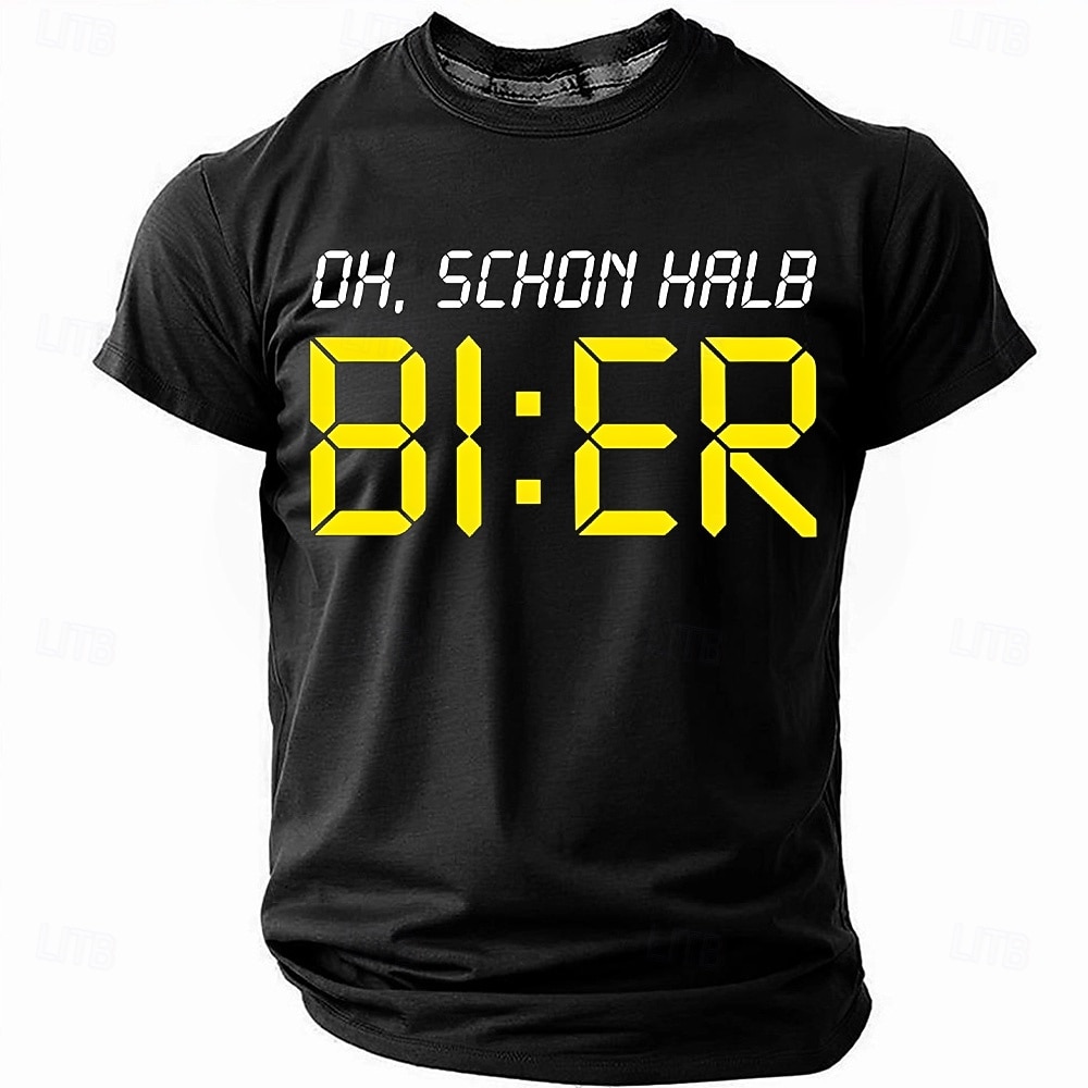 2025年 男性用ユーモラスグラフィックTシャツ - 'Oh Schon Halb BI:ER' デジタル時計ビールの言葉遊びTシャツ、ビール愛好家向け  コレクション – $17.99 –P4