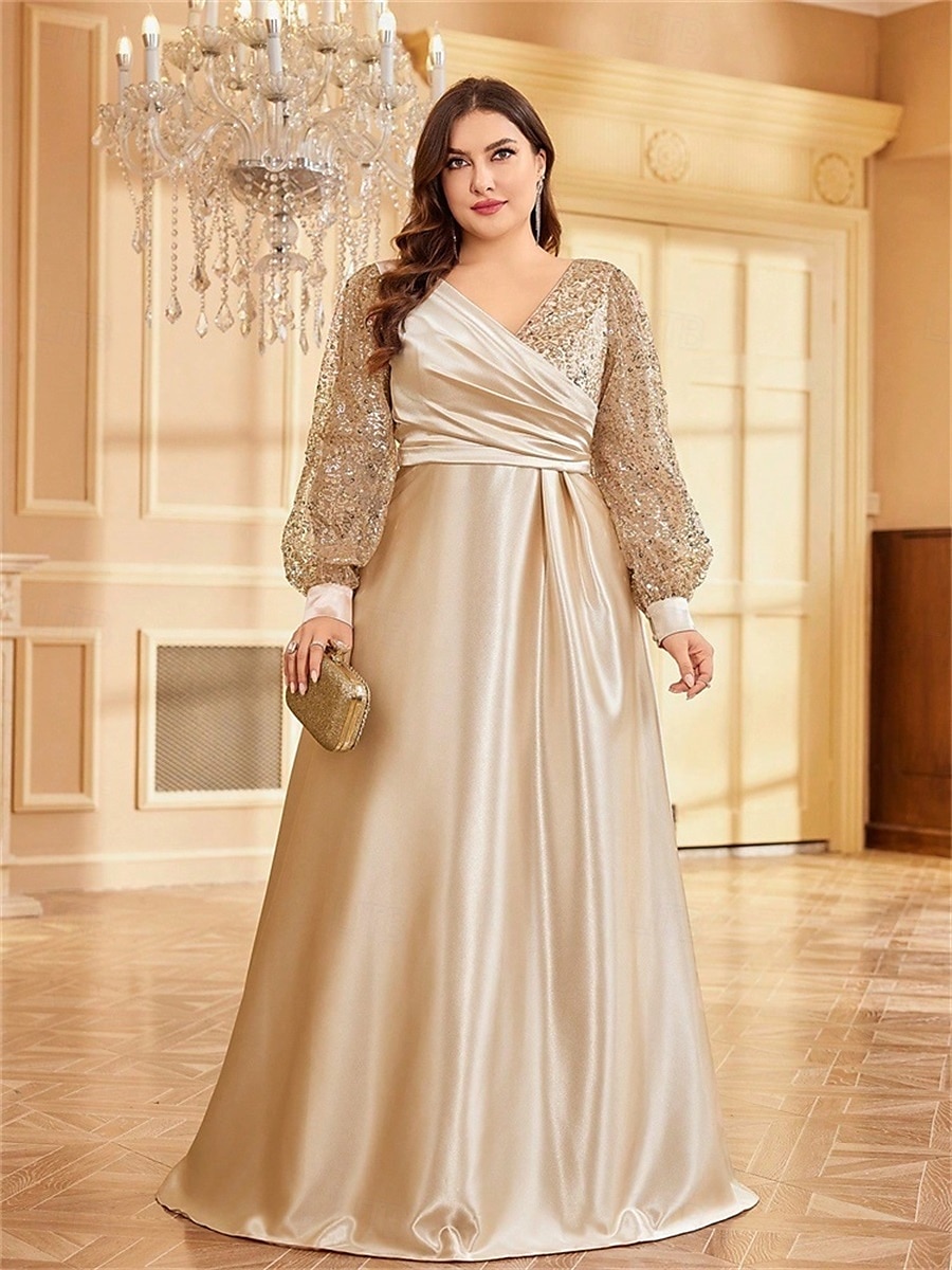 Robe A-Line Grande Taille Élégante Robe Courbe De Mariage Formelle Longue Au Sol Manches Longues Col en V En Polyester Avec Plis 2025 de 2025 ? $119.99 –P14