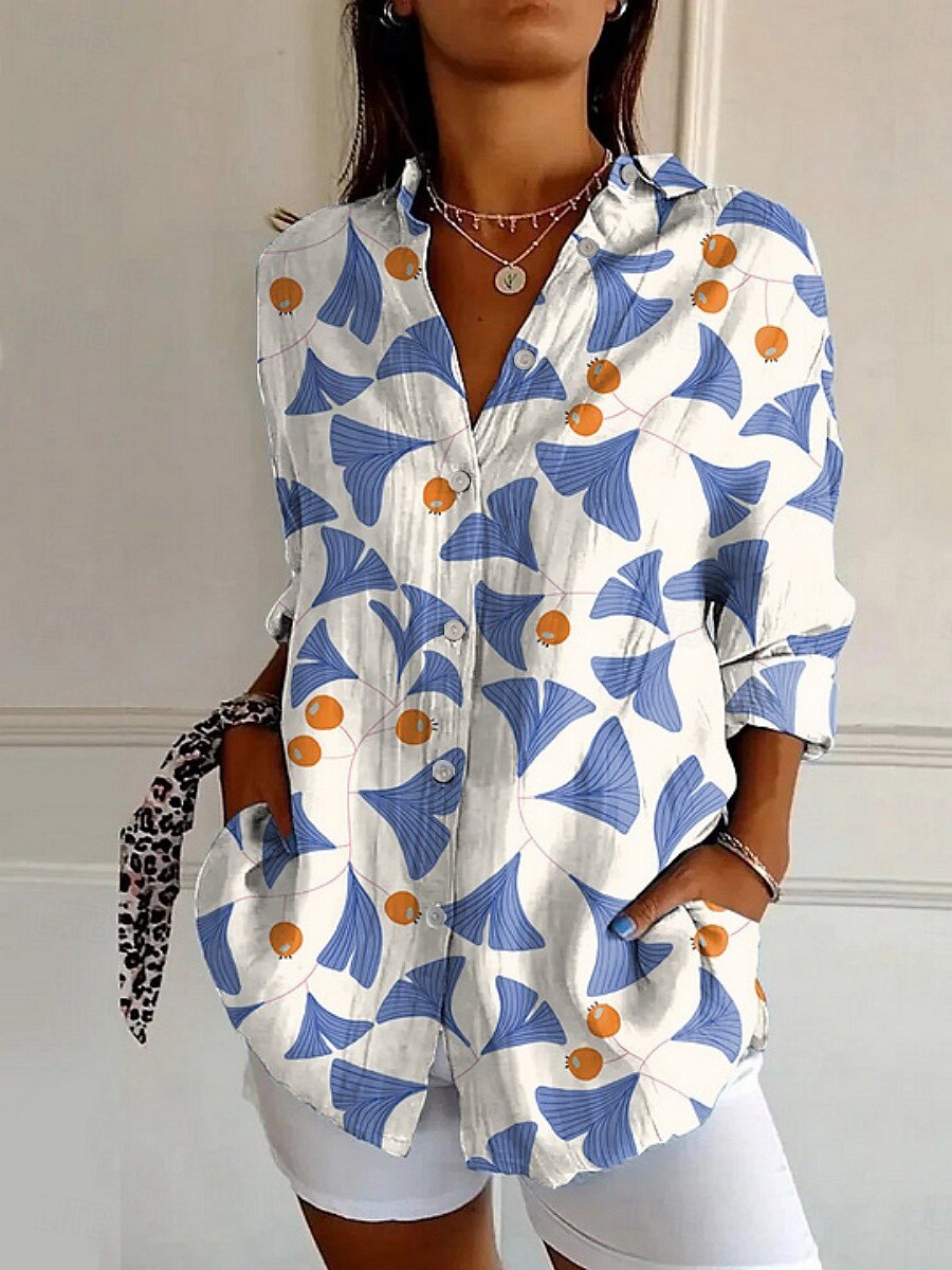 Dames Overhemd Bloemig Grafisch Actief Dagelijks Stijlvol Lange mouw Overhemdkraag Normale tops Dagelijks Feestdagen Knop Afdrukken Wit Rood Marineblauw blauw Khaki Lente Herfst 2025 - $25.99 –P1