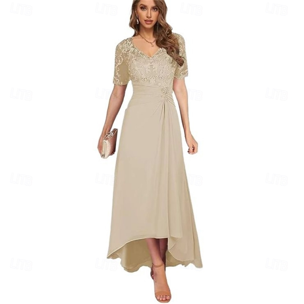 A-Linie Mutter der Braut Kleid Elegantes Einfaches V-Hals asymmetrisches Chiffon Kurzarm mit einfarbig 2025 - $119.99 –P7