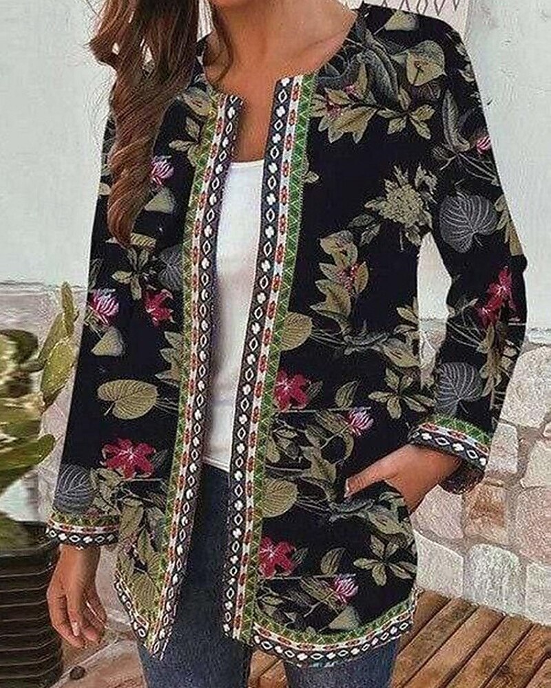 Damen Freizeitjacke Warm Bequem Tasche Mode Modern Blumen Straße Ausgehen Regulär Kragenlos Normale Passform Langarm Oberbekleidung Schwarz Rosa Purpur Herbst Winter 2025 - $25.99 –P4