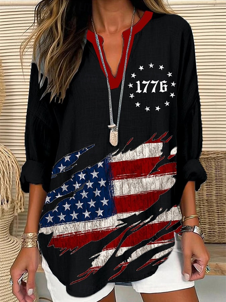 Vrouwen Patriottische Blouse Grafische Vlag Vintage Tropisch Hawaïaans Lange Mouwen V-hals Reguliere Tops Dagelijkse Vakantie Strandkleding Print Zwart Wit Rood Blauw Zomer Lente 2025 - $24.99 –P2