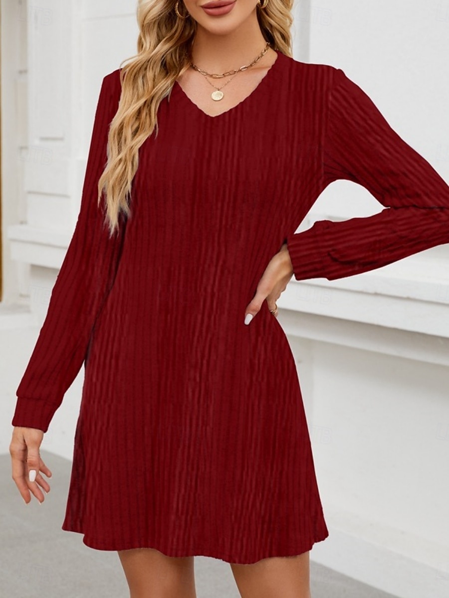 Women's Mini Dress A Line Dress Casual Daily Regular Fit Plain Long Sleeve V Neck Wine Light Brown Green Dark Gray Winter Autumn 2025 - $21.99 –P2