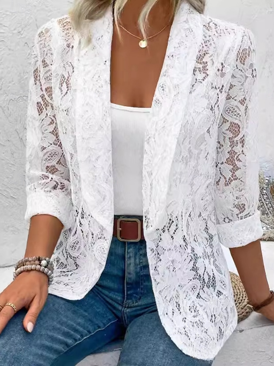 Dam Vardaglig jacka Andningsfunktion Bekväm Lappverk Elegant Ledigt Slät Semester Gata Ledigt Dagliga kläder Öppen front Normal Hakslag Normal Långärmad Ytterkläder Svart Vit Sommar Vår 2025 - $22.99 –P3