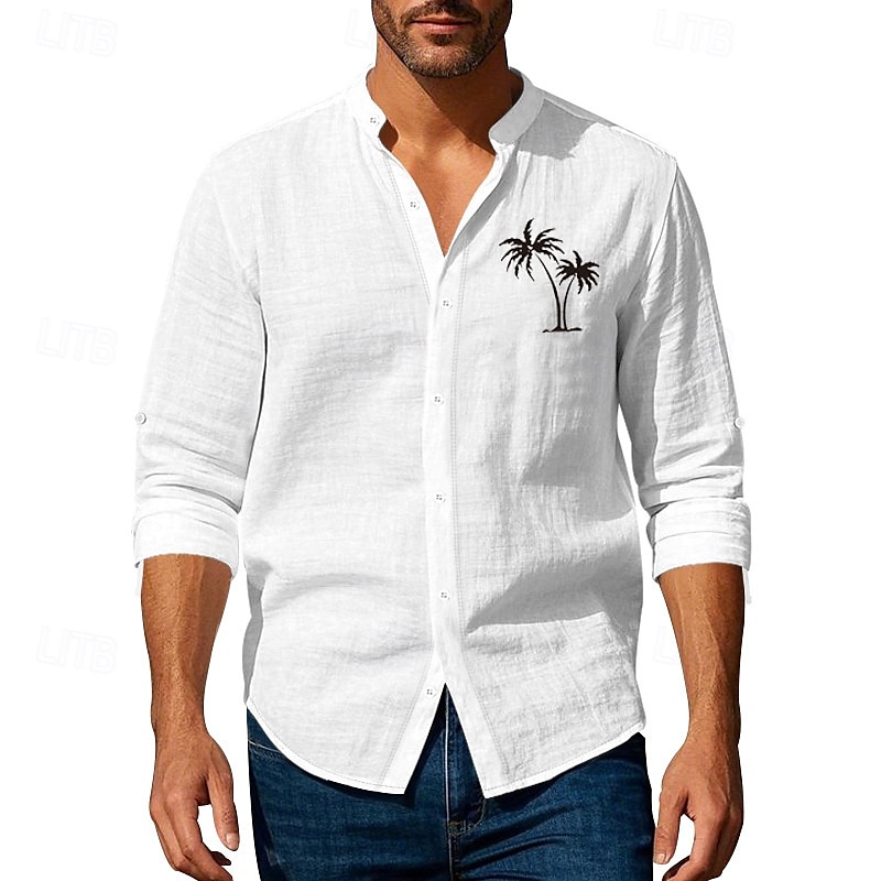 Herren Hemd Leinenhemd Freizeithemd Knopfhemd Baumwollhemd Kokospalme Urlaub Hawaiianisch Schwarz Weiß Khaki Grau Langarm Stehkragen Sommer Frühling Bekleidung Druck 2025 - $26.99 –P14