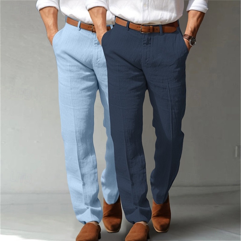 Bărbați Costume Pantaloni de in Pantaloni Pantaloni de vară Buzunar frontal Picior drept Simplu Confort Respirabil Lungime totală Oficial Afaceri Concediu Modă De Bază Negru + Gri deschis Albastru 2025 - AU $55.19 –P7