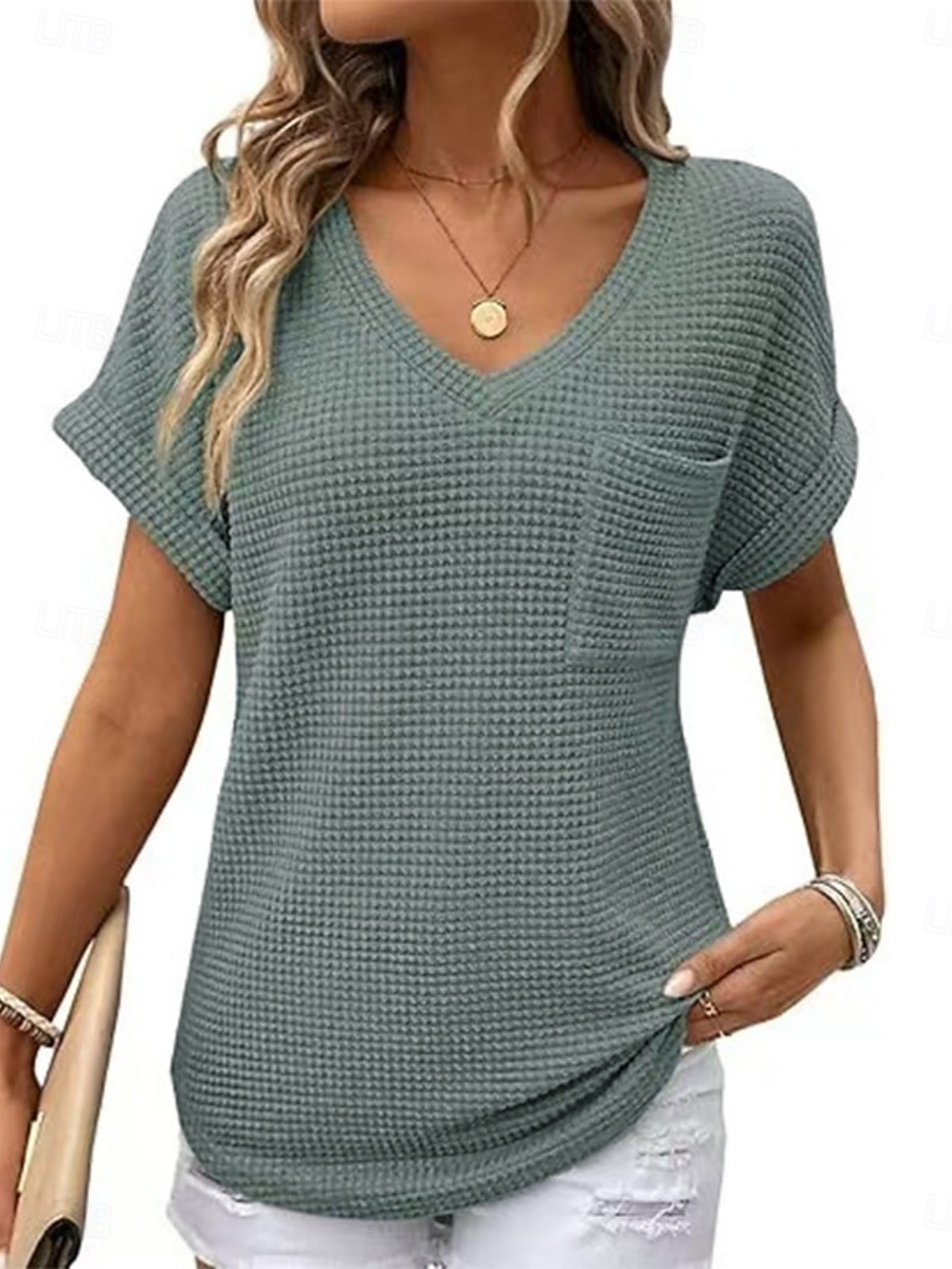 Dame Bluse Helfarge Stilfull Fritid Kortermet V-hals Vanlige topper Daglig Lomme Svart Hvit Rosa Grønn Sommer 2025 - $21.99 –P1