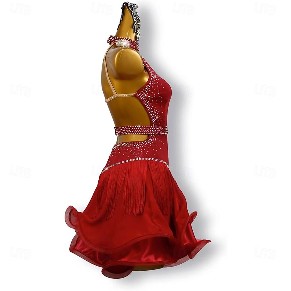 Robe de danse latine rouge à épaules dénudées et à diamants pour femmes, jupe en maille de compétition de 2025 ? $189.99 –P6