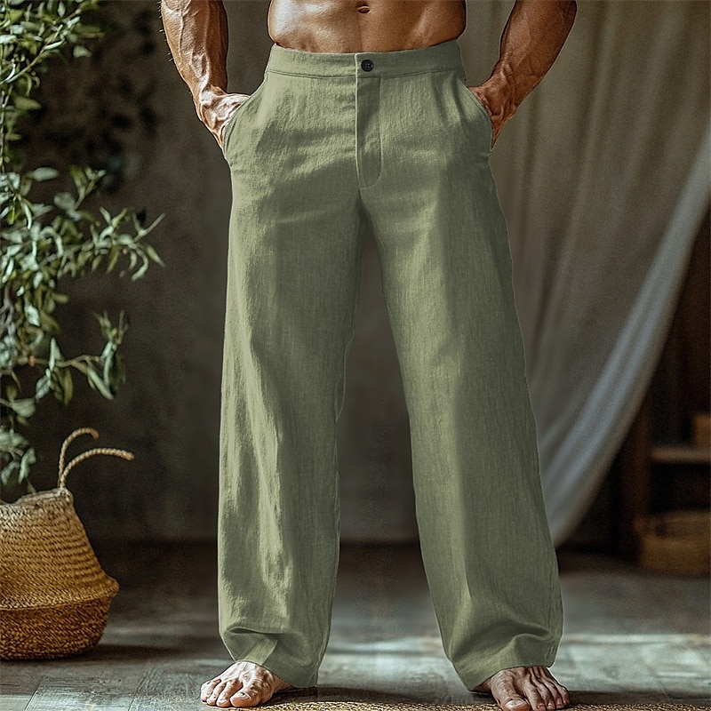 Men's Linen Pants Trousers Summer Pants Beach Pants Buttons Pocket Straight Leg Plain Comfort Breathable Vacation Daily Holiday Hawaiian Boho Black White 2025 - $18.99 –P6