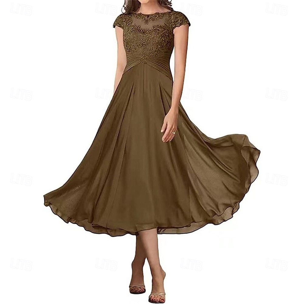 A-Linie Brautmutterkleid Elegant Einfach Rundhalsausschnitt Knöchellänge Chiffon Kurzarm mit Falten Einfarbig 2025 2025 - $119.99 –P13