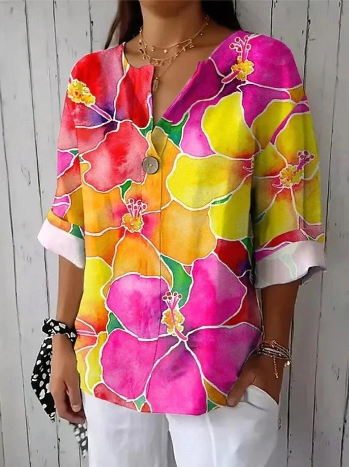 Camicia da donna maniche lunghe scollo a V grafica floreale geometrica vintage tropicale hawaiana maniche 3/4 lunghezza collo regolare abbigliamento da spiaggia quotidiano stampa verde chiaro verde del 2025 a $29.99 –P3